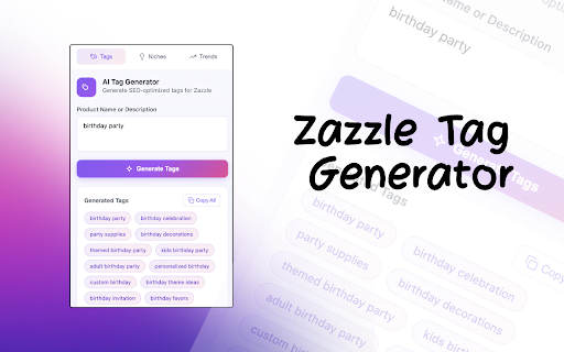 ZazzleGenius - AI Market Research :: AI-powered market research for Zazzle print-on-demand sellers. Generate tags, discover niches, and analyze trends.