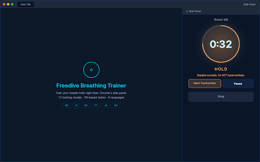 Freedive Breathing Trainer :: Freediving breath-hold trainer with CO₂/O₂ tables, relaxation breathing, and hold test. 6 languages supported.