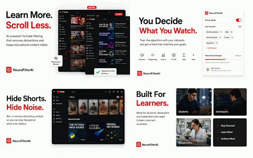 Distraction Free YouTube — AI Filter | Hide Shorts & Recommendations :: AI analyzes every YouTube video to remove distractions. Hide Shorts, feed & comments. Focus Mode, 25+ controls. On-device, private.