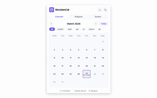 RevisionCal - Student Revision Tracker :: A simple visual calendar for students to track daily revision with tick, circle, or cross marks per subject.