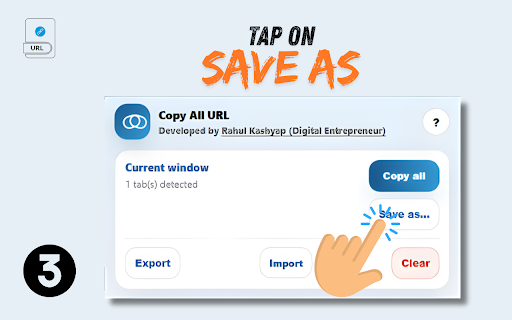 Copy All URL — Developed by Rahul Kashyap :: Copy all URLs from the current window, save named URL lists, and open them later in a new window. Includes export/import.