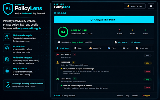 PolicyLens by NOCTARX :: Analyze Privacy Policies, T&C, and Cookies instantly. Red flags, plain English summaries, cookie manager & breach alerts.