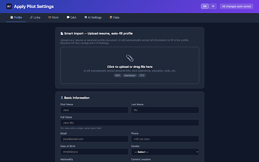 Apply Pilot :: Smart job application form auto-filler with AI semantic matching and auto-learning. Supports English, German, and Chinese forms.