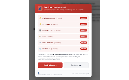 CompliTru AI Governance :: Block sensitive data before it reaches ChatGPT, Claude, Gemini, and Copilot. Real-time AI prompt protection.
