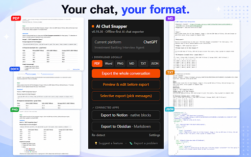 AI Chat Snapper – Export AI Conversations to PDF :: Export AI chats from 10 platforms to PDF, Word, Markdown & image — 100% locally. Or to Obsidian, Notion or Google Docs.