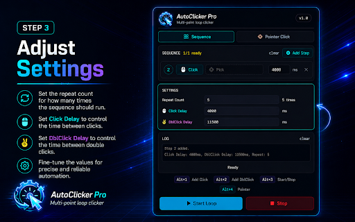AutoClicker Pro :: Multi-point auto clicker with loop scheduling. Pick points on any canvas, set walk and wait delays, let it run.