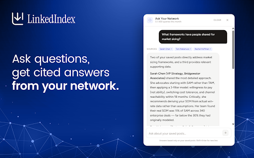 LinkedIndex :: Put your LinkedIn feed to work. Save posts with one click, AI tags them by topic, and search for the exact insight when you need it.