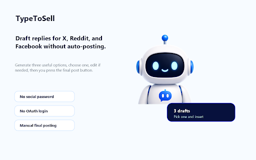 TypeToSell - AI Social Reply Assistant :: Generate AI comment and reply drafts for X, Reddit, and Facebook. Insert, edit, and post manually.