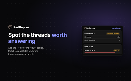 RedReplier: Reddit Marketing Rules Check :: Read a subreddit's self-promotion rules before you post, then score your draft against them without leaving Reddit.
