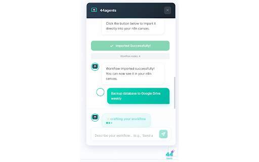 44agents - AI n8n Workflow Generator :: Transform natural language into n8n workflows using AI. Chat interface for seamless workflow automation on n8n.cloud.