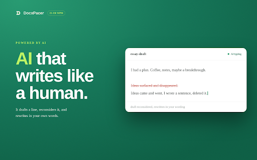 DocxPacer — Human Auto Typer for Google Docs (.docx → Docs) :: Choose how many words, over how long. Your .docx types into Google Docs at a human pace. Typed key by key, never pasted.