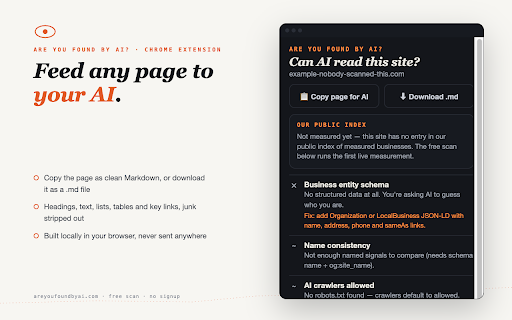 Are you found by AI? — AI Visibility Check :: See what AI says about any site you're on: measured visibility score, verbatim engine answers, and instant readiness checks.