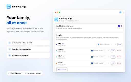 Find My Age — How old was I that day? :: Select a date on any web page to see how old you and your family were that day — with weekday and how long ago. All local.