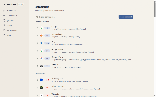 Fast Travel :: Turn your search bar into a command line for the web. Define short triggers and jump straight to the sites and searches you use.