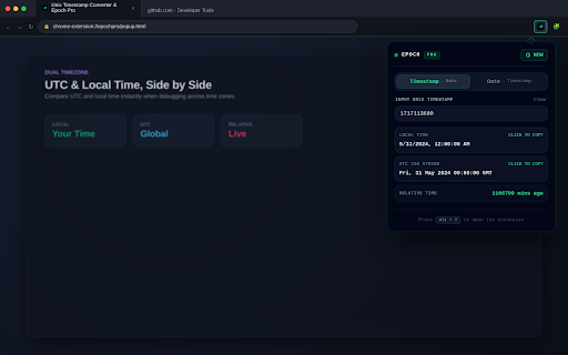 Unix Timestamp Converter & Epoch Pro :: Instantly convert Unix timestamps via selection or popup. Smart 10/13-digit auto-detection, UTC/local timezone, and dark mode.