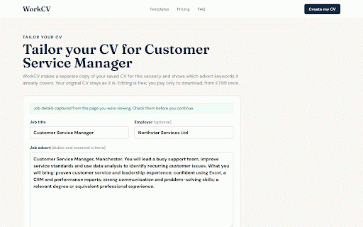 WorkCV: Tailor Your CV to This Job :: Send the UK job advert you are viewing to WorkCV to tailor a copy of your CV, and highlight the skills it asks for.