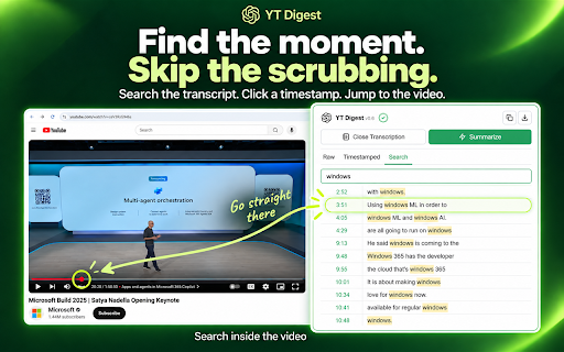 YT Digest - YouTube Transcription to ChatGPT :: Push YouTube transcripts to ChatGPT in one click. Summarize, QnA, Fact Check, Deep dive in your own chat. No API Key required