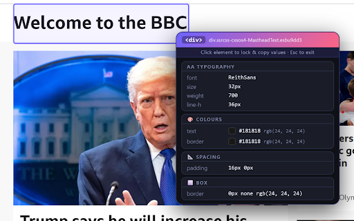 Design Inspector :: Hover over any element to instantly inspect fonts, colours, spacing, images and design tokens.