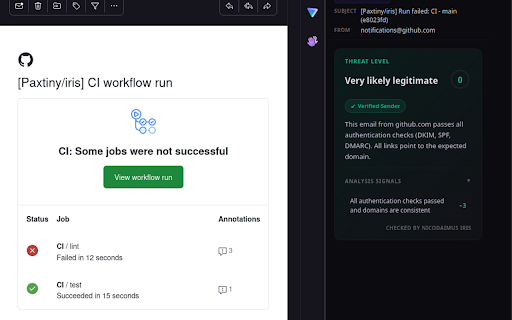 nicodAImus iris :: Privacy-first email phishing detection. Scores emails 0-10 for phishing risk, entirely in your browser.