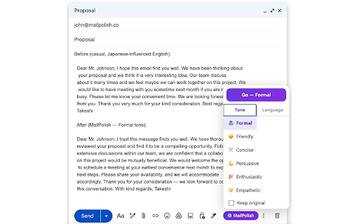 MailPolish - Email Tone Polisher :: Polish your emails with MailPolish. Choose a tone, and your text is instantly rewritten — right inside Gmail.