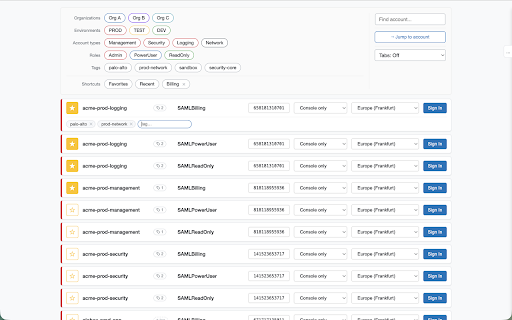 Console Hopper :: For AWS: hop between consoles fast — role-picker search, account tags, deep-link services, env-coloured tabs, tab groups.
