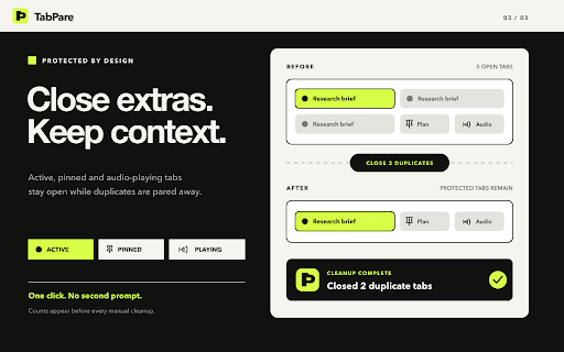 TabPare :: Group similar tabs and close duplicate or inactive Chrome tabs, with optional scheduled duplicate cleanup.