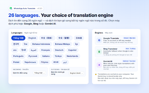 WhatsApp Auto Translate :: Tự động dịch tin nhắn đến trên WhatsApp Web sang ngôn ngữ bạn chọn (mặc định: Tiếng Việt). Alt+T để dịch tin đang soạn.