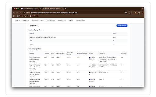 Accessibility Design System :: Audita el sistema de diseño de la pestaña activa y exporta un reporte HTML con colores, tipografía, componentes y tokens.