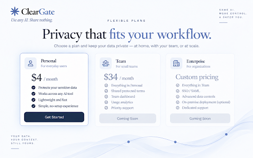 ClearGate :: Protects sensitive details before they reach ChatGPT, Gemini, Claude, or Copilot.