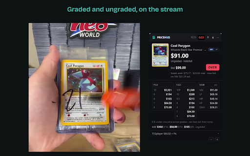 PriceHUD: Live Card Prices for Whatnot :: Free: 100 priced cards a month. Live Pokemon card prices and your max bid on the Whatnot stream, before the timer runs out.