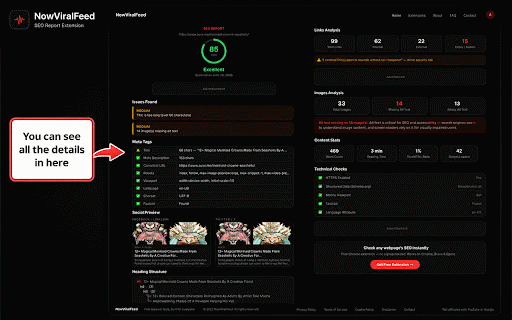 SEO Checker — Free On-Page SEO Audit Tool :: Instantly audit any webpage's SEO. See meta tags, headings, images, Open Graph data, and an overall SEO score. No signup needed.