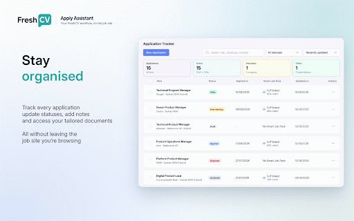 FreshCV Apply Assistant :: Save job ads to FreshCV, queue Smart Job Packs, and keep your job search organised.