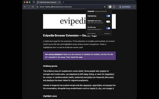 Evipedia :: Highlights health and longevity intervention terms on any web page with evidence review hover cards from evipedia.ai