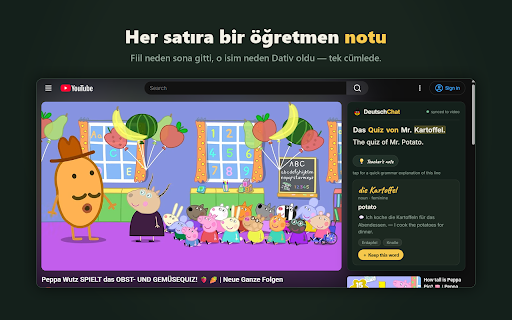 DeutschChat — YouTube ile Almanca Öğren :: Her Almanca YouTube videosunu derse çevir. Almanca-Türkçe çift altyazı, her kelimeye tıkla, anlamını ve dil bilgisini gör.