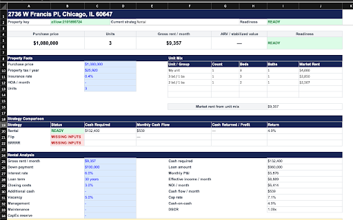 Investor Sidecar: Real Estate Deal Analyzer :: Rental, BRRRR & flip deal analyzer for Zillow, Redfin & Homes.com. Cash flow, cap rate, CoC, DSCR, comps — free, no account.