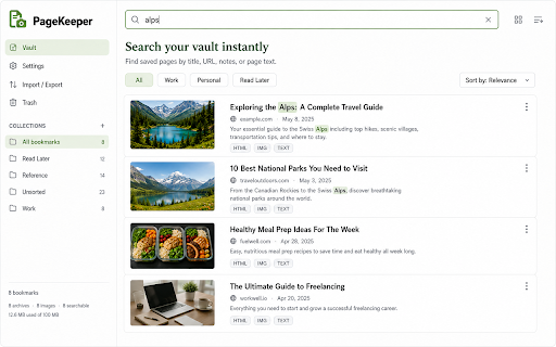 PageKeeper :: One green button, always within reach. Save any page as a bookmark, screenshot, or single-file HTML archive — all stored locally.