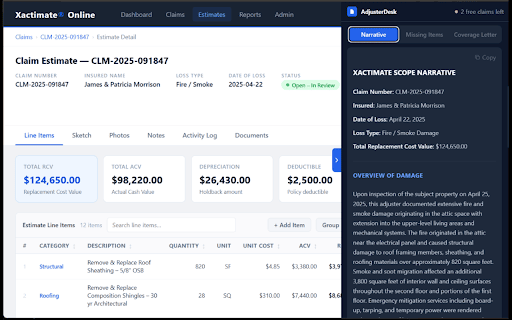 AdjusterDesk – AI Scope Writer :: AI-powered scope narratives, missing-item flags, and coverage letters for desk adjusters.