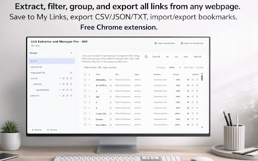Link Extractor and Manager Pro - AIO :: Extract, filter, group, and export all links from any webpage. Save to My Links, export CSV/JSON/TXT, import/export bookmarks.