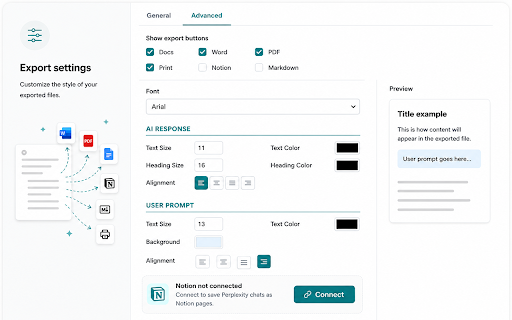 Chat Exporter for Perplexity — Notion, Word, PDF, Docs, Markdown, Print :: Save Perplexity chats to Notion, Word, PDF, Docs, Markdown, or Print in one click. Export full conversations or selected messages.