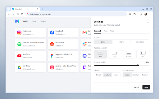 Markdial :: Turn your Chrome bookmarks into a customizable speed dial with tabs, favicons, drag-and-drop, and native sync.