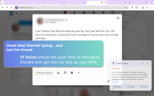 Vi Voice - Voice Input Assistant :: Speech-to-text dictation with AI punctuation. Voice typing in 11 languages. Instant transcription. GDPR compliant & private.