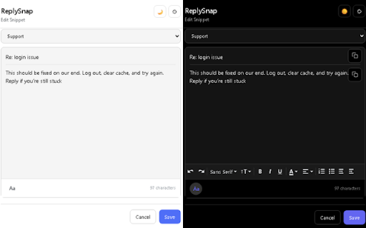 ReplySnap :: Save support replies and insert them into any text field.