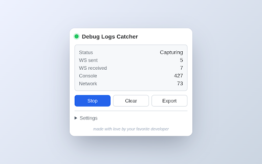 Debug Logs Catcher :: Internal Enreach tool: capture WebSocket, console, network, and environment metadata from a tab. Export gzipped JSON.