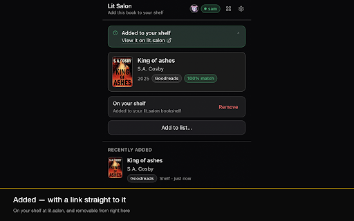 Lit Salon — Add to Shelf :: Click the orb on Amazon, Goodreads or any book page to add the book to your lit.salon shelf.