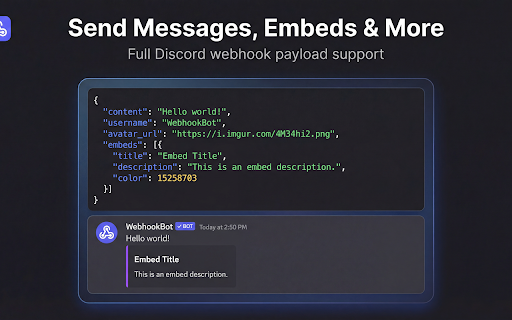 Discord Webhook Tester - Send & Debug Bot Messages Easily :: Test & debug Discord webhook URLs. Send messages, embeds & HTTP requests. Import cURL, inspect responses. Free bot tool.