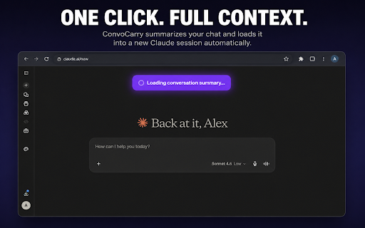 ConvoCarry – Claude Conversation Summary :: Claude forgetting earlier context? Summarize & continue in a fresh chat instantly. Full context, sharper responses. 10 free/day.