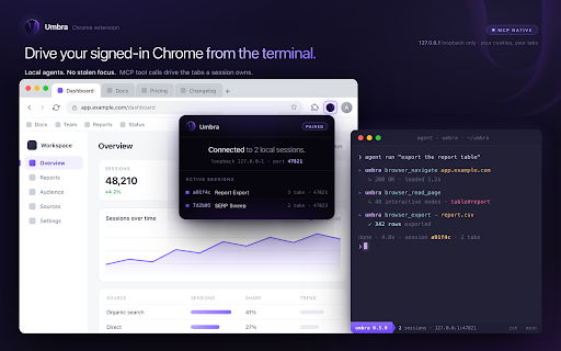 Umbra - Browser Control for AI Agents :: Give a local agent scripted control of tabs it owns in your signed-in Chrome. No focus theft. Requires a local companion server.