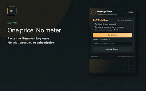 Mark-Up-Timer - Markdown Timestamp Stopwatch :: Capture timestamped review notes on any page and copy a clean Markdown checklist. State stays local.