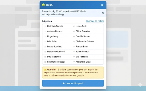 COJA :: COJA — Import auto des paires CSV (Playtomic, Doinsport, LiveExperience) dans MOJA FFT, avec gestion des homonymes.