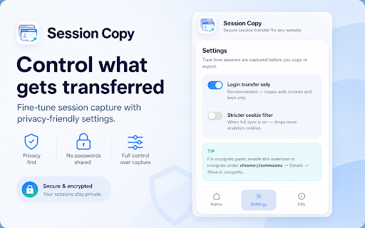 Session Copy :: Copy and restore encrypted login sessions for any website. Offline, private, and built for secure transfer between browsers.